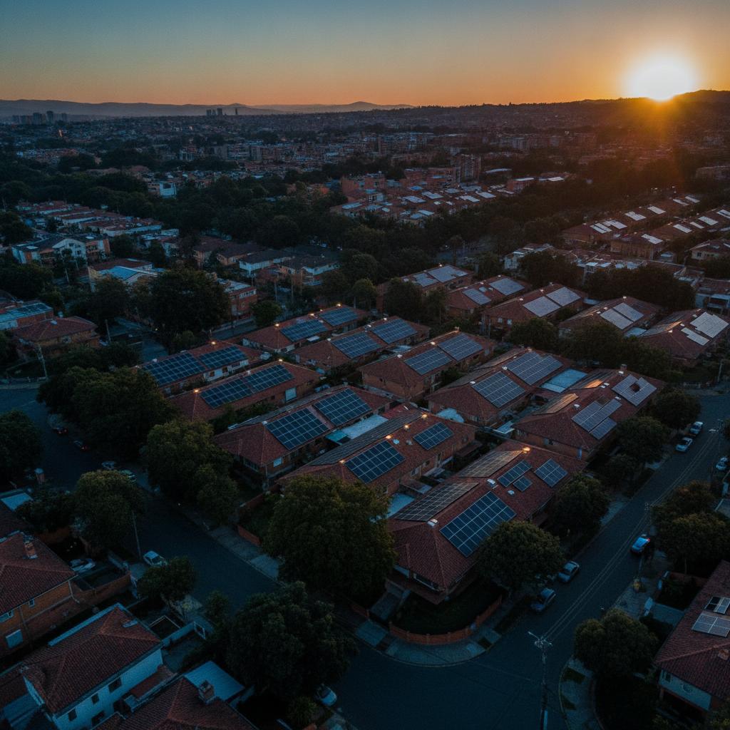 Vista aérea de Bogotá con paneles solares en los tejados al amanecer